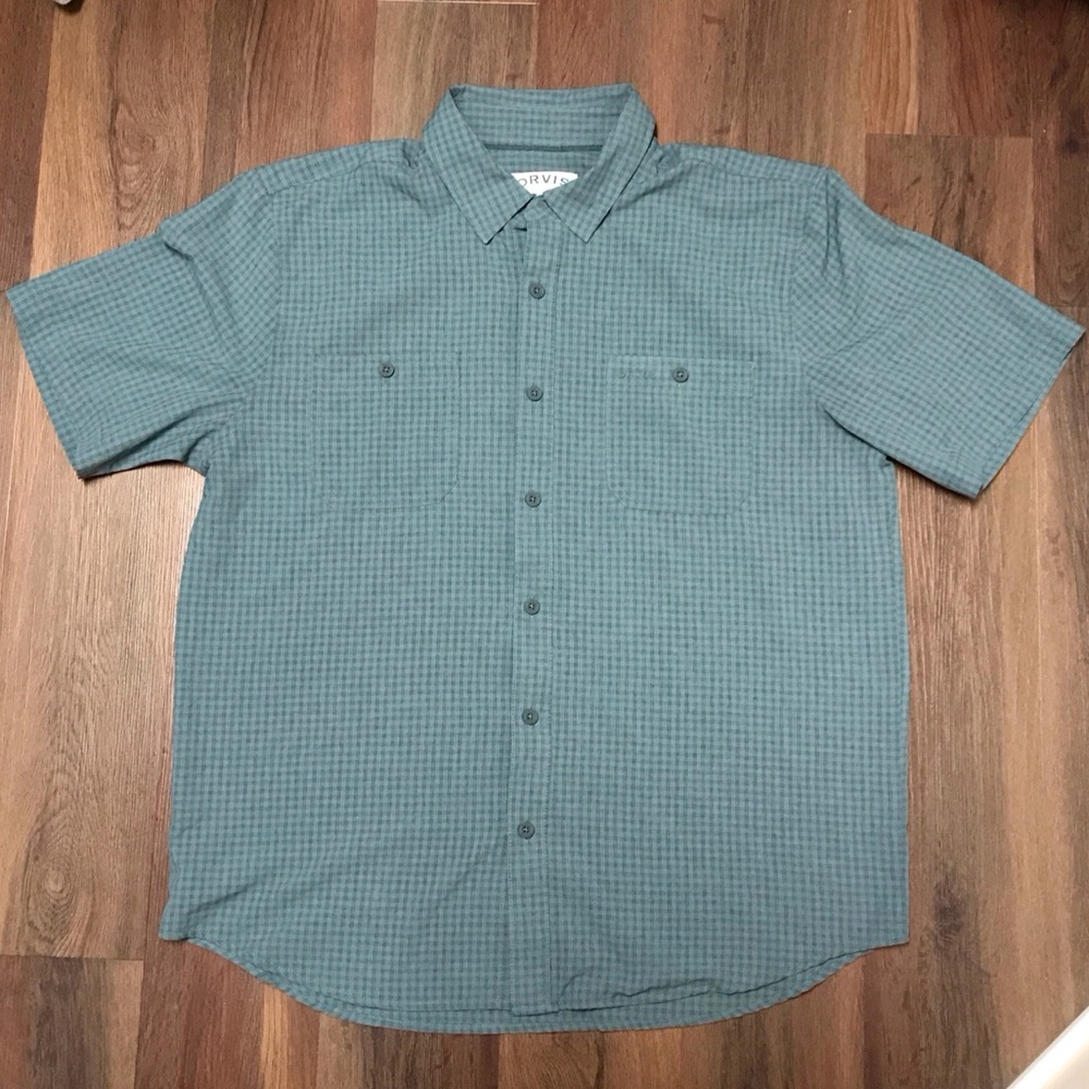 Orvis Mens Large Button Down Short Sleeve Shirt Double Chest Pocket Green